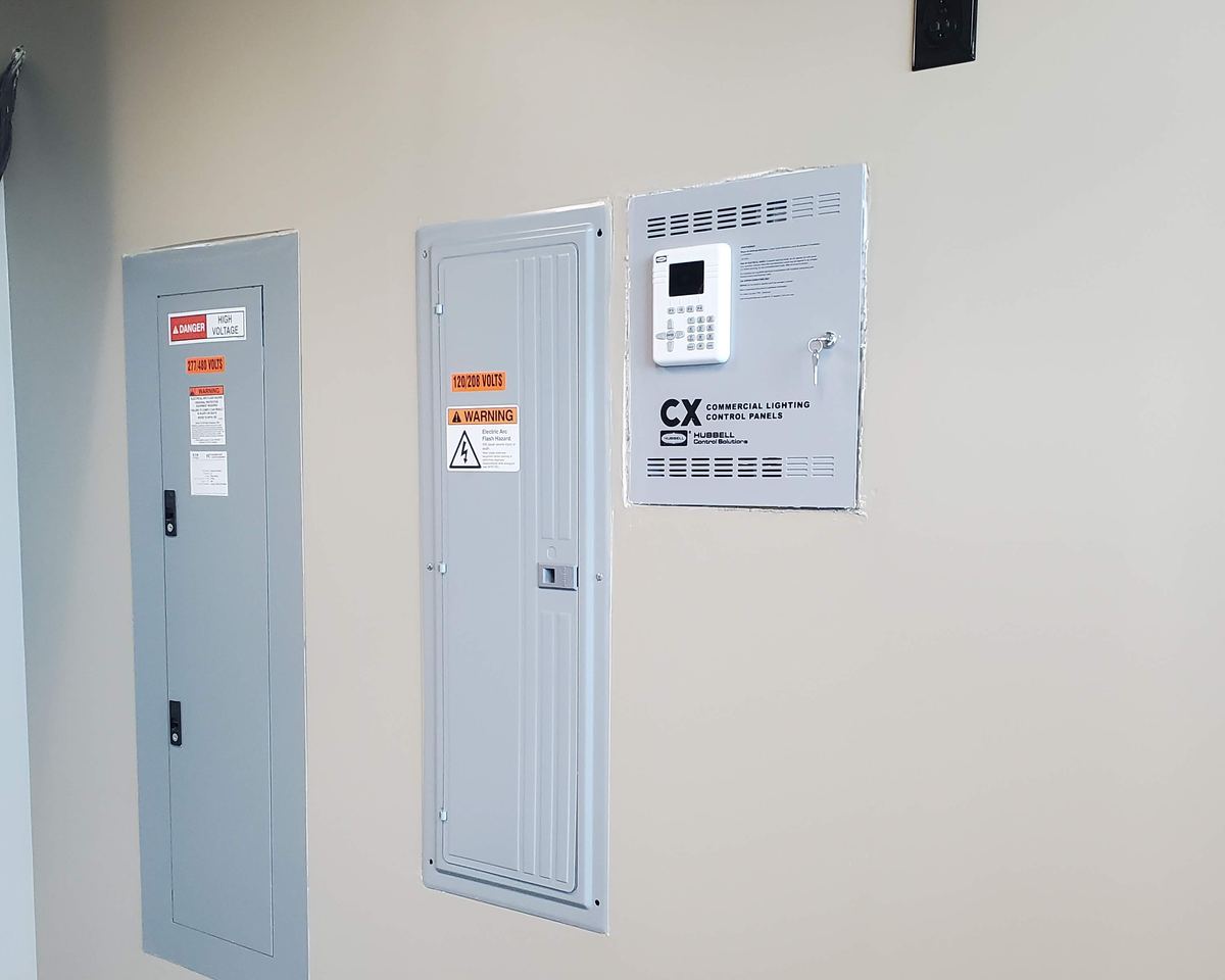 Commercial electrical panels and lighting control system installed by Bright Solutions Electrical
