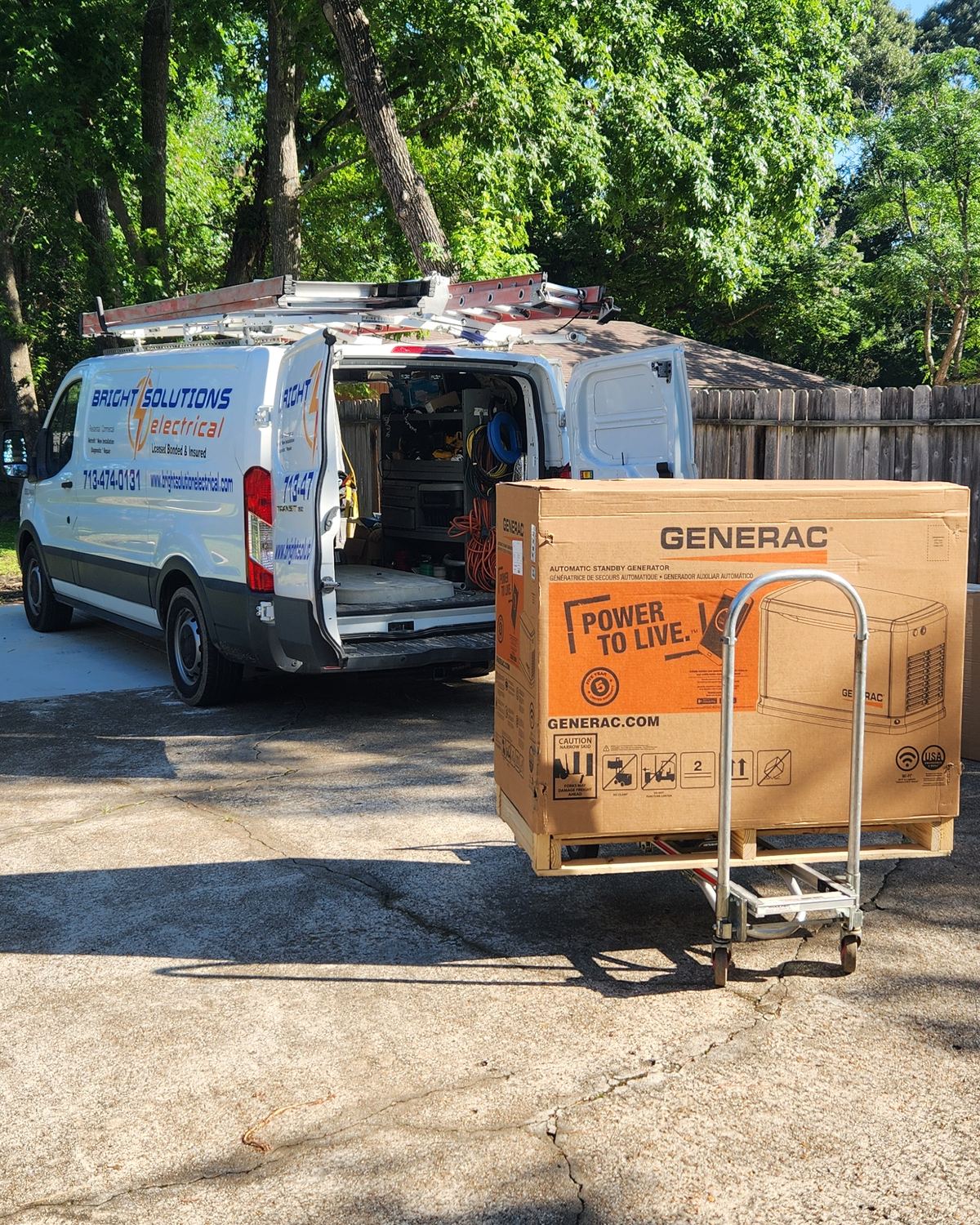 Bright Solutions Electrical branded service van with a Generac standby generator ready for install